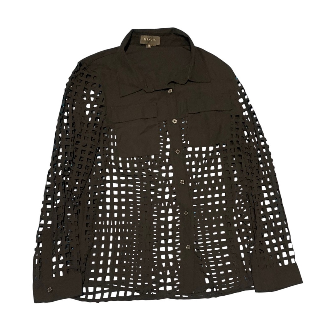 Gracia Black top Long sleeve hollow out plaid - Picture 2 of 3